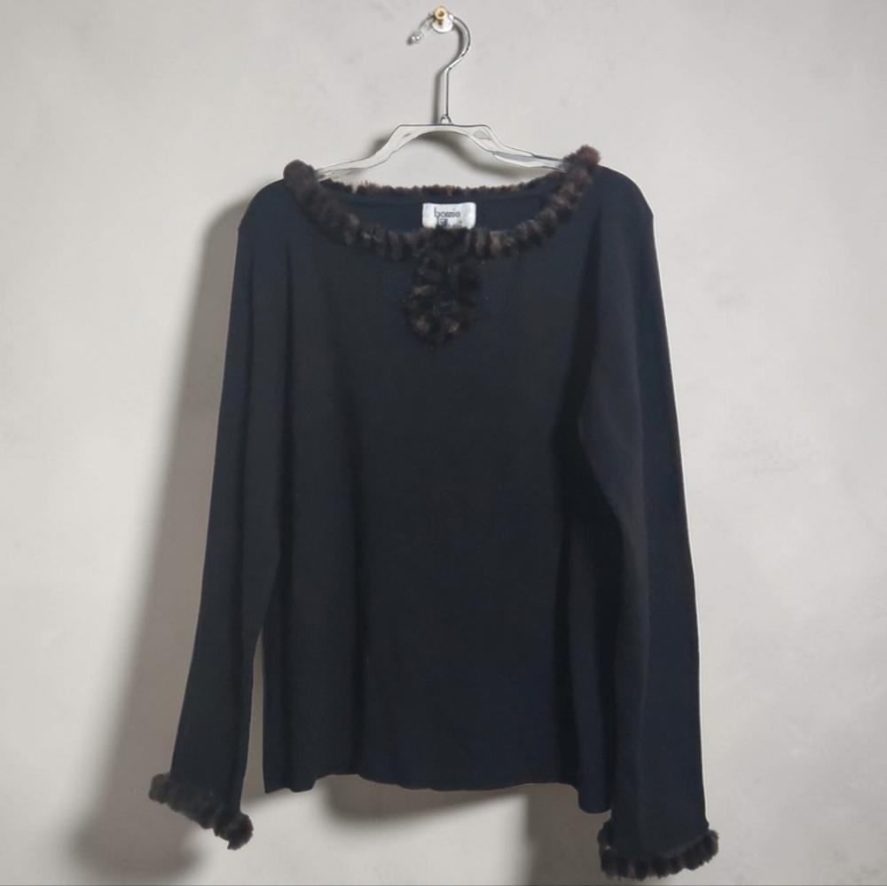 Vintage Bonnie And Bill By Holly Black Sweater Hand Spun Silk Mink Trim Large